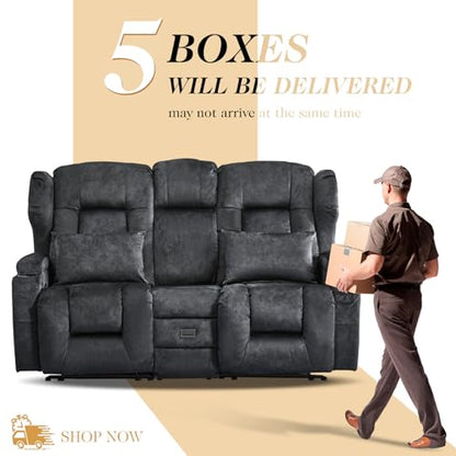 Loveseat Recliner Sofa,RV Wall Hugger Recliners with Flip-up Console,Reclining Loveseat Sofa Recliner with Cup Holders/Lumbar Pillows for Small Spaces,RV Furniture (Gray, 68" 2-Seater) - color: Grey, size: 68" 2-Seater