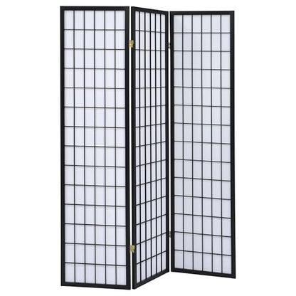 Coaster Home Furnishings - Carrie - Solid Wood - 3-Panel Folding Shoji Screen Room Divider with Black Frame, Linear Grid Design and Metal Hinges - Living Room - Black and White - 4622 - color: Black