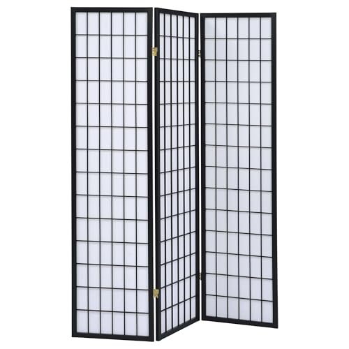 Coaster Home Furnishings - Carrie - Solid Wood - 3-Panel Folding Shoji Screen Room Divider with Black Frame, Linear Grid Design and Metal Hinges - Living Room - Black and White - 4622 - color: Black