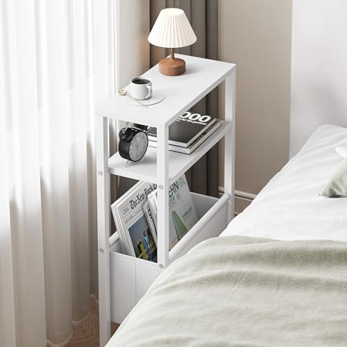 Narrow Side Table, Slim End Table with Magazine Rack, Skinny Bedside Table for Small Spaces, 3 Tier Sofa Couch Table Nightstand for Living Room, Bedroom, White LET503W - color: White, style: No Charging Station