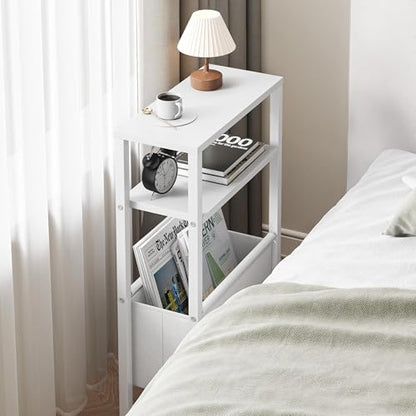 Narrow Side Table, Slim End Table with Magazine Rack, Skinny Bedside Table for Small Spaces, 3 Tier Sofa Couch Table Nightstand for Living Room, Bedroom, White LET503W - color: White, style: No Charging Station