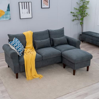 Panana 3 Seater Sofa with Footstool Set, Rolled Arm Classic Couch, Solid Wood Legs Settee for Small Living Room Office Lounge (Gray, 3 Seater with Ottoman) - color: Gray Linen Fabric, size: 3 seater with ottoman