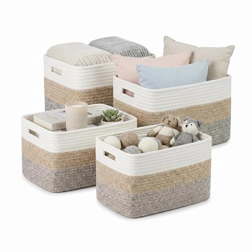 4 sets of hand-woven cotton rope storage boxes, suitable for toys, books, clothes, bathrooms, and car trunks used for organizing and decoration, Two 16x14x7 in and two 14x10x7 in - color: Khaki color