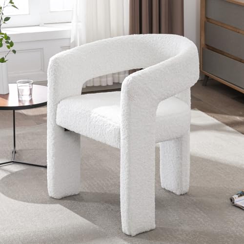 HNY Modern Sherpa Barrel Single Dining Chair, White | Upholstered Accent Armchair With 18.24" Wide Seat No Assembly Required For Living Room Bedroom Vanity Small Spaces - color: White Fur