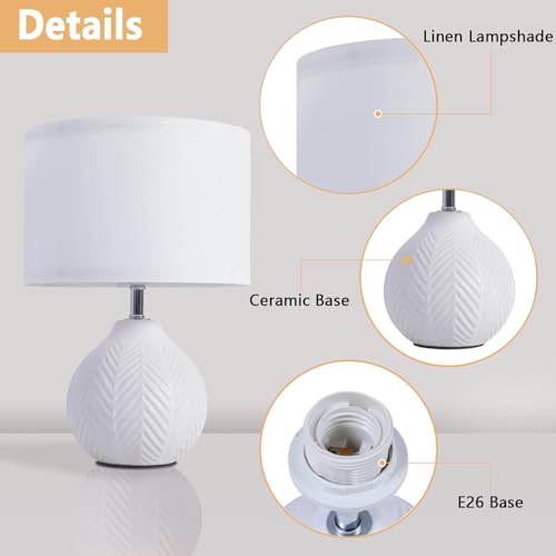 SOTTAE 12'' White Ceramic Table Lamp, Leaf Patterned Ceramic Desk Lamp Small Bedside Lamp with Linen Shade, Mid Century Modern Nightstand Lamp for Bedroom Living Room Reading Room
