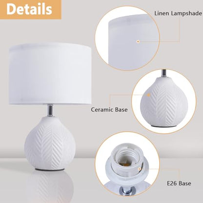 SOTTAE 12'' White Ceramic Table Lamp, Leaf Patterned Ceramic Desk Lamp Small Bedside Lamp with Linen Shade, Mid Century Modern Nightstand Lamp for Bedroom Living Room Reading Room