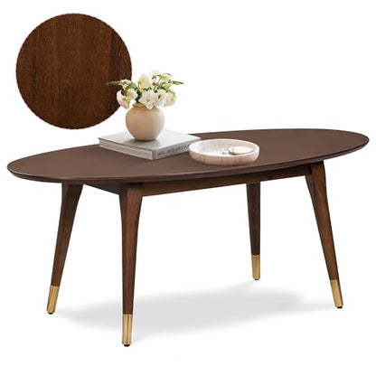 Elle Decor Clemintine Oval Coffee Table, Mid-Century Modern Wood Cocktail Table with Walnut Brown Finish and Brass-Capped Legs for Living Room