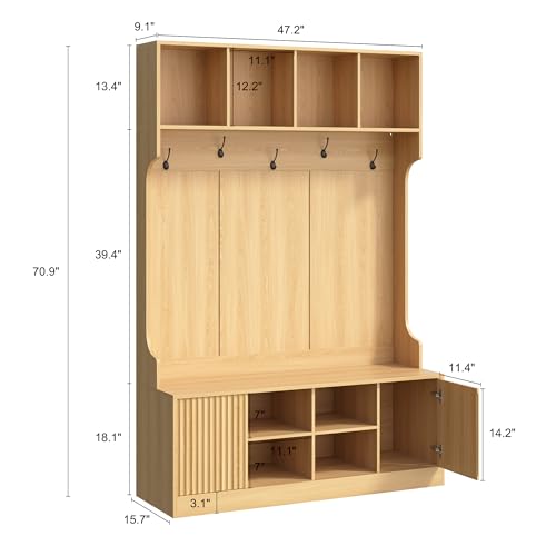 Hall Tree with Bench and Shoe Storage, 5-in-1 Entryway Coat Rack with LED Sensor Light, Hooks and Storage Cubes, Shoe Cabinet with Fluted Door, Modern Hall Tree for Entryway, Living Room - color: Natural OAK