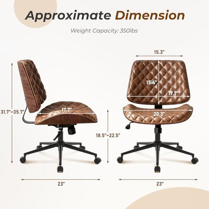 Furnimart Wooden Armless Desk Chair with Wheels, 360° Swivel Faux Leather Vanity Chair for Bedroom, Small Office Computer Task Chair for Home & Compact Spaces (PU Brown) - color: Pu-brown
