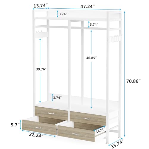 Tribesigns Freestanding Closet Organizer, Garment Rack with 4 Drawers | Heavy Duty Clothing Rack, Open Wardrobe Closet for Bedroom, 8 Hooks and Storage Shelves, Wood and Metal, White - color: White Walnut
