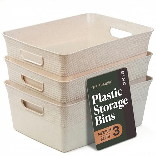 BINO | Plastic Storage Bins, 13 Liter - 3 Pack, Natural | THE BRAIDED COLLECTION | Plastic Bins for Organization | Woven Storage Baskets for Organizing | Pantry Shelf Organizer Basket Container Bin - color: Natural, size: 13L | 3-Pack
