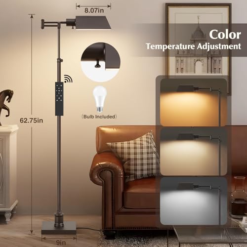 Traditional Height Adjustable Pharmacy Floor Lamp with 350° Swing Arm, Color Temperature Adjustable Standing Lamp Metal Shade for Living Room Reading House Bedroom Home Office(Bronze) - color: Bronze