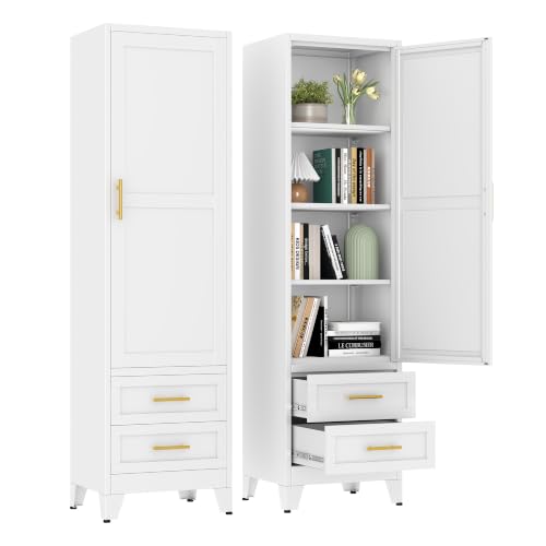 67" Tall Narrow Metal Storage Cabinet, Freestanding Pantry Organizer, White | Slim Bathroom Cabinets with 2 Drawers & 3 Adjustable Shelves, Multi-Use Cupboard for Kitchen Office Living＆ Dining Room - color: White - a, size: 15.7"D x 19.7"W x 67"H