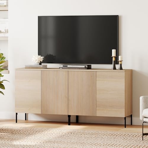 WAMPAT 63" W Fluted TV Stand TVs up to 70",2 in 1 Modern TV Entertainment Center with Storage and Adjustable Shelves, Wood Media TV Consoles Table with Storage for Living Room, Beige - color: Beige, size: 63" W