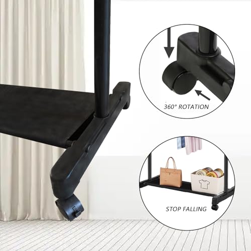 Clothes Rack on Wheels with Extra Top Storage Shelf, Expandable Rolling Garment Rack for Hanging Clothes, Heavy-duty Metal Stainless Steel Adjustable Organizer for Bedroom, Living Room