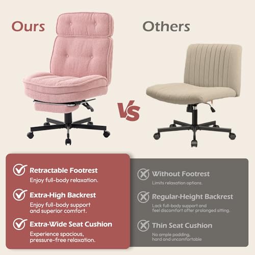 Criss Cross Chair with Wheels - Home Office Desk Chairs with Foot Rest, Morden Comfy Swivel Makeup Chair for Vanity, Ergonomic Cross Legged Office Chair with High Back & Wide Seat, Pink - color: Pink