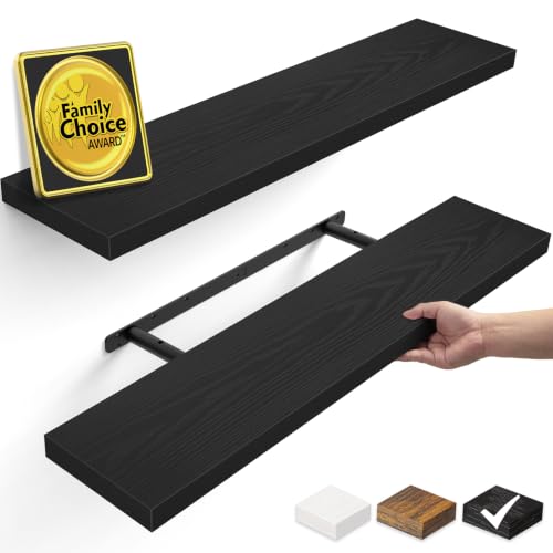 BAYKA Black Floating Shelves 35.4in, Set of 2, Wall Mounted for Wall Decor | Easy Install, 30lbs Max Load, Hidden Bracket, Shelving for Bathroom Bedroom Kitchen Display Storage, Multi-Wall Compatible - color: A. Black - Universal Classic Style, size: 35.4