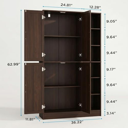 holzart 63" Tall Kitchen Pantry Cabinet, Freestanding Dining Room Storage Hutch with 4 Doors and Adjustable Shelves, Modern Utility Cupboard for Coffee Bar and Microwave, Brown - color: Brown
