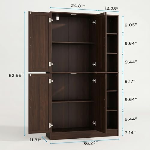 holzart 63" Tall Kitchen Pantry Cabinet, Freestanding Dining Room Storage Hutch with 4 Doors and Adjustable Shelves, Modern Utility Cupboard for Coffee Bar and Microwave, Brown - color: Brown