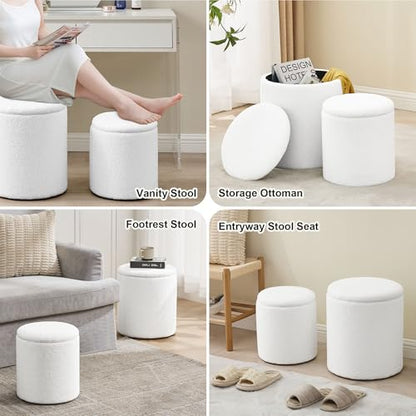 oakvivo Round Set of 2 Ottoman with Storage, Boucle Storage Ottoman Foot Stool, Soft Teddy Upholstered Small Vanity Stool, Ottomans Padded Seat Foot Rest for Living Room Bedroom, White - color: White