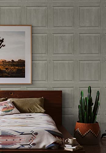NextWall Washed Faux Panel Peel and Stick Wallpaper (Warm Pewter) - color: Warm Pewter
