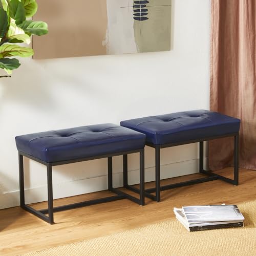 Glitzhome Ottoman Bench Pack of 2, Modern PU Leather Vanity Stools Chairs with Metal Frame, Makeup Stool Padded Foot Rest Stool for Living Room Vanity, Entryway, Bathroom,Navy Blue - color: Navy Blue, Pack of 2