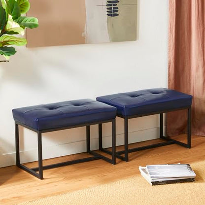 Glitzhome Ottoman Bench Pack of 2, Modern PU Leather Vanity Stools Chairs with Metal Frame, Makeup Stool Padded Foot Rest Stool for Living Room Vanity, Entryway, Bathroom,Navy Blue - color: Navy Blue, Pack of 2