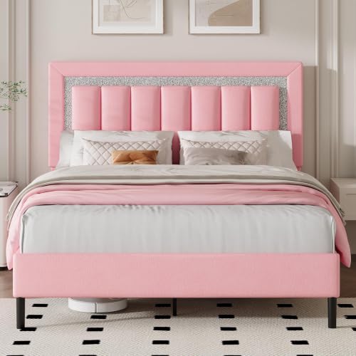 HOMBCK Queen Bed Frame with Faux Leather Upholstered Headboard | Queen Size Bed Frame with Diamond Vertical Design, No Box Spring Needed, Under Bed Storage, Easy Assembly, Pink - color: Pink, size: Queen