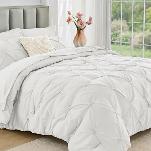 JOLLYVOGUE Twin Comforter Set 5 Pieces - Bed in a Bag Twin for All Season, Pintuck Bedding Comforter Sets with Comforter, Flat Sheet, Fitted Sheet and Pillowcases & Shams, White - color: White, size: Twin