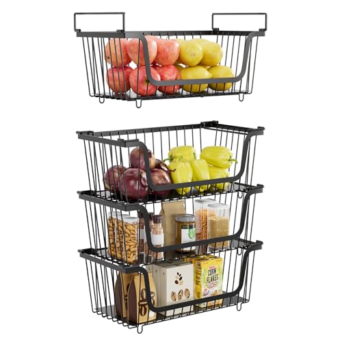 4 Pcs Stackable Wire Baskets for Pantry Organizers and Storage, Black | Metal Baskets with Handles,Produce Potato Onion Storage Bin,Vegetable Fruit Basket for Countertop, Kitchen Storage - color: Black