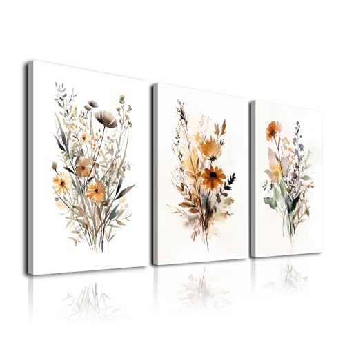 Colorful Wildflower Canvas Wall Art,Floral Wall Art Framed Set of 3 Flowers Art Prints,Watercolors Flower Wall Decor Living Room,Minimalist Botanical Wall Art Modern Wall Decor for Bathroom Bedroom Office,12"x16 - color: Wildflower, size: 12x16inchx3pcs