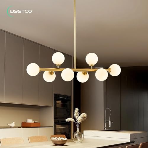 Mid Century Modern Globe Sputnik Chandelier, 8-Light Linear Chandeliers for Dining Room and Kitchen Island, Dining Light Fixture Over Table, Brass Gold and Milk White Glass Bubble, 32 Inch - color: Gold Milk White, size: 8-Light 32 Inch