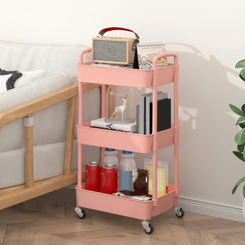 Sywhitta 3-Tier Plastic Rolling Utility Cart with Handle, Multi-Functional Storage Trolley for Office, Living Room, Kitchen, Movable Storage Organizer with Wheels, Pink | Multi-Functional Storage Trolley, for Office, Living Room, Kitchen, Bathroom,Movable