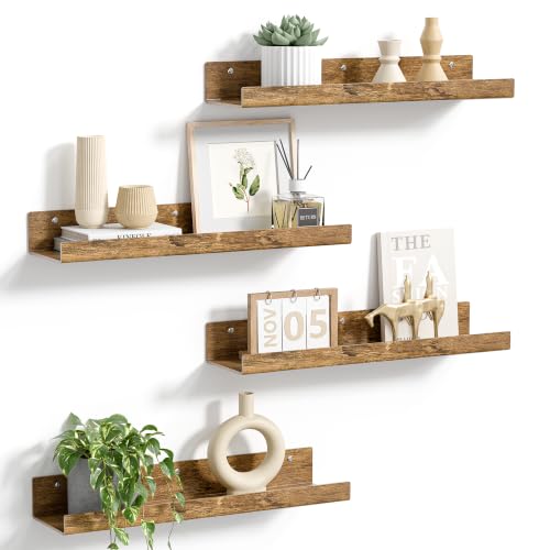upsimples 4 Pcs 15" Acrylic Shelves for Wall Decor and Display, Rustic Wood | Cute Floating Shelf for Perfume, Skincare, Nail Polish, Wall Organizer for Bedroom, Living Room, Playroom, Room Décor - color: Rustic Wood