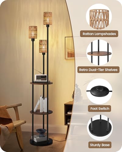 Floor Lamp with Shelves, Boho Floor Lamp with Foot Switch, 3-Light Standing Lamp, for Living Room, Bedroom, Study, Rustic Brown and Yellow YF53LD05 ﻿ - color: Rustic Brown+Rattan