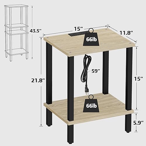 TUTOTAK End Table with Charging Station, Side Table Set of 2, Nightstand | 2-Tier Storage Shelf, Bedside Table with USB Ports, Sofa Table for Small Space, Livingroom, Bedroom Oak TB01BO041 - color: Oak