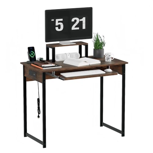 ALISENED Computer Desk with Keyboard Tray and Monitor Stand, 37.5 Inch Small Desk with Power Outlets & USB Ports for Bedroom Home Office, Compact Gaming Desk Shelf, Brown (Brown, 37.5") - color: Brown, size: 37.5"