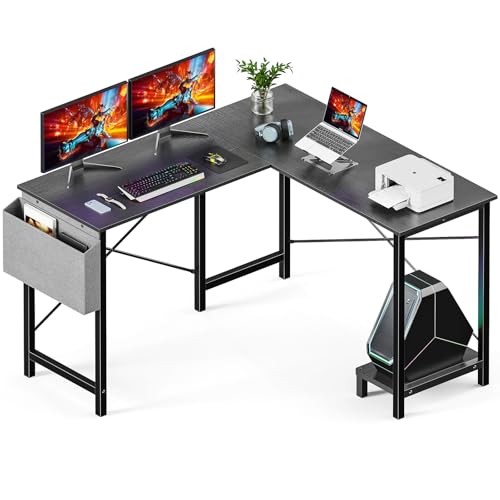DUMOS L Shaped Desk, Gaming Desk, Corner Table, 50 Inch | Side Storage Bag, CPU Stand, Student Work PC Workstation, Home Office Bedroom for Small Spaces, Black