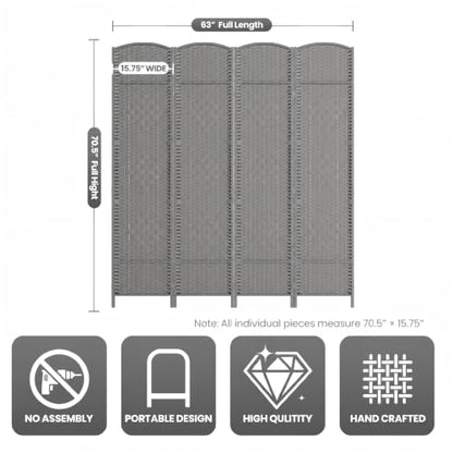 4 Panel Folding Room Divider,Woven Privacy Screen,Grey | Solid wood frame, handcrafted diamond pattern, 6FT tall, extends to 63 inches wide, no assembly required - color: Grey, size: 4-Panel