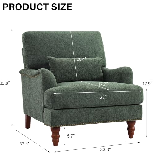 Mid-Century Modern Accent Chair with Lumbar Pillow, Green, 1 Pack | Upholstered Chenille Armchair, Solid Wood Frame & Legs, Comfy Reading Lounge Sofa for Living Room Bedroom, & Small Spaces - color: Chenille Green, size: 1 Seat