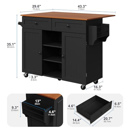 Furnify Kitchen Island with Wheels & Drawers, Kitchen Island Cart, Black | Rolling Kitchen Island with Drop Leaf, Mobile Kitchen Storage Cabinet with Towel Rack & Spice Rack for Dining Room, Kitchen