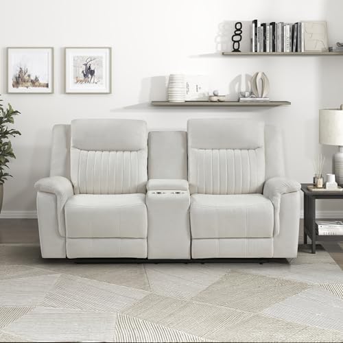 Lexicon 75" W Manual Double Reclining Loveseat with Center Console, Beige | Polished Microfiber Manual Wall Hugger Loveseat Recliner, Cup Holders, for Living Room, Tool Free Assembly - color: Beige, size: Reclining Loveseat