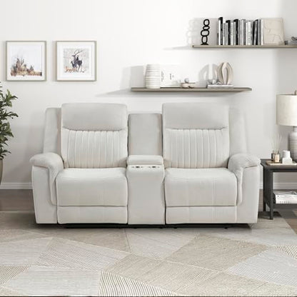 Lexicon 75" W Manual Double Reclining Loveseat with Center Console, Beige | Polished Microfiber Manual Wall Hugger Loveseat Recliner, Cup Holders, for Living Room, Tool Free Assembly - color: Beige, size: Reclining Loveseat