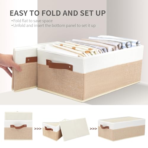 Closet Organizer Bins 3 Pack, Large Storage Bins for Shelves | Foldable Closet Storage Boxes Baskets with Leather Handles for Organizing Clothes, Sheets, Jeans, Toys, Books（Begie） - style: 3 Pack Begie & White