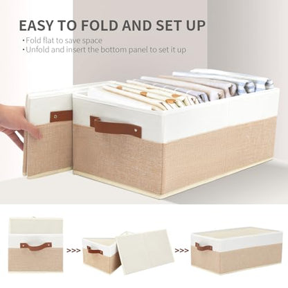 Closet Organizer Bins 3 Pack, Large Storage Bins for Shelves | Foldable Closet Storage Boxes Baskets with Leather Handles for Organizing Clothes, Sheets, Jeans, Toys, Books（Begie） - style: 3 Pack Begie & White