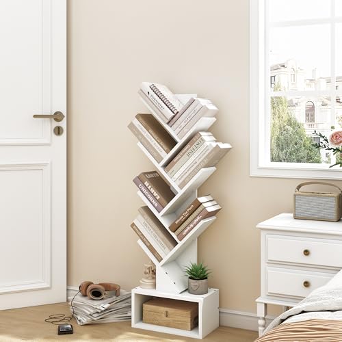 Hoctieon 6 Tier Tree Bookshelf, Tall Bookcase with Drawer, Freestanding Book Shelf, Display Floor Standing Storage Shelf, Book Organizer Shelves for Home Office, Living Room, Bedroom, White - color: White, size: 6 Tier