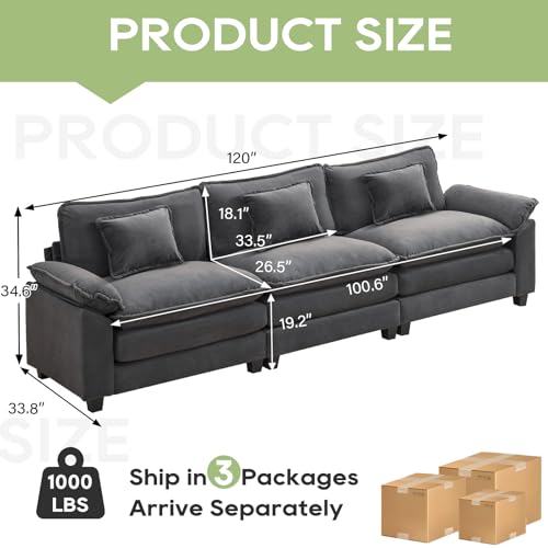 120" Modular Sectional Sofa, Comfy 3 Seater Deep Cloud Couch | Couches for Living Room, Modular Couch, Deep and Wide Seat, Velvet Sofa Sleeper with Throw Pillows, Blue Grey - color: Blue Gray, size: 120 Inch