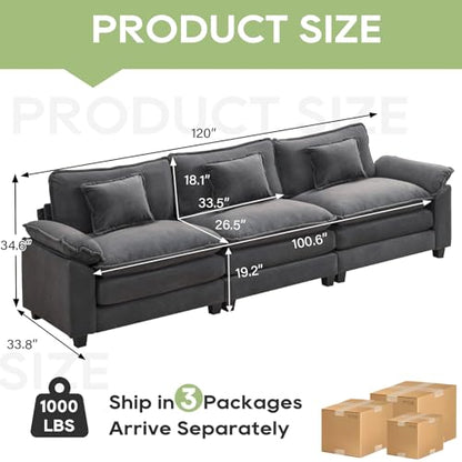 120" Modular Sectional Sofa, Comfy 3 Seater Deep Cloud Couch | Couches for Living Room, Modular Couch, Deep and Wide Seat, Velvet Sofa Sleeper with Throw Pillows, Blue Grey - color: Blue Gray, size: 120 Inch