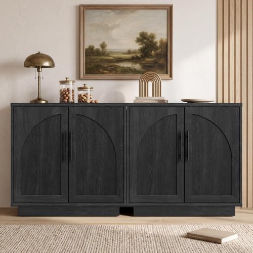 Fatmok Modular Entertainment Center & Buffet Cabinet, Extra Long Sideboard TV Stand with Arched Glass Doors, Modern Wooden Storage Cabinet for Living Room, Black Grey(DCCD,4-Piece) - color: Dccd-black Grey