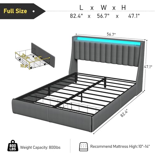 SADENICEL Full Size Bed Frame with 2 Storage Drawer, Full Bed Frame, Grey | Headboard with Charging Station and LED Lights, Metal Platform Bed with Storage Shelf, Noise Free, No Box Spring Needed - size: Full, style: Channel Tufted & 2 Storage Drawers